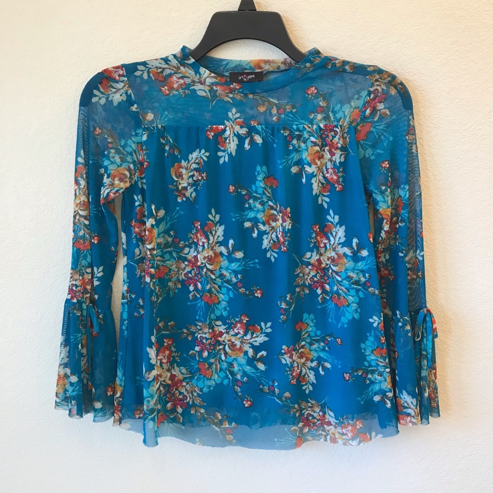 IN Girl Bell Sleeve Floral Top Kids Size Large 14 Blue Cottage Fairy Coquette